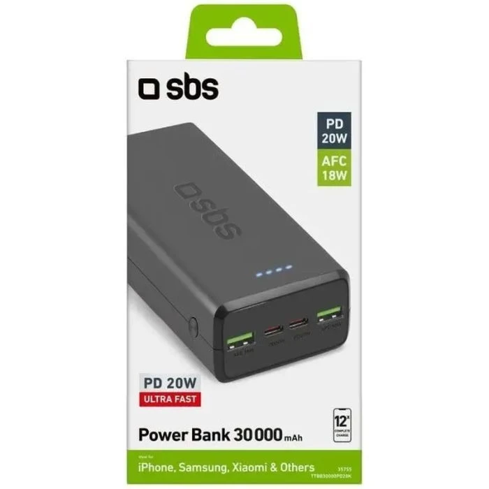 SBS 30000mAh 20W PD,QC, 2xUSB-A, 2xUSB-C Black (TTBB30000PD20K) (UA)