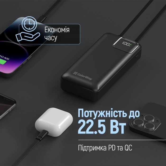 ColorWay 20 000 mAh Optimal Power PD/22.5W, QC/3.0, Black (CW-PB200LPB5BK-PDD) (UA)