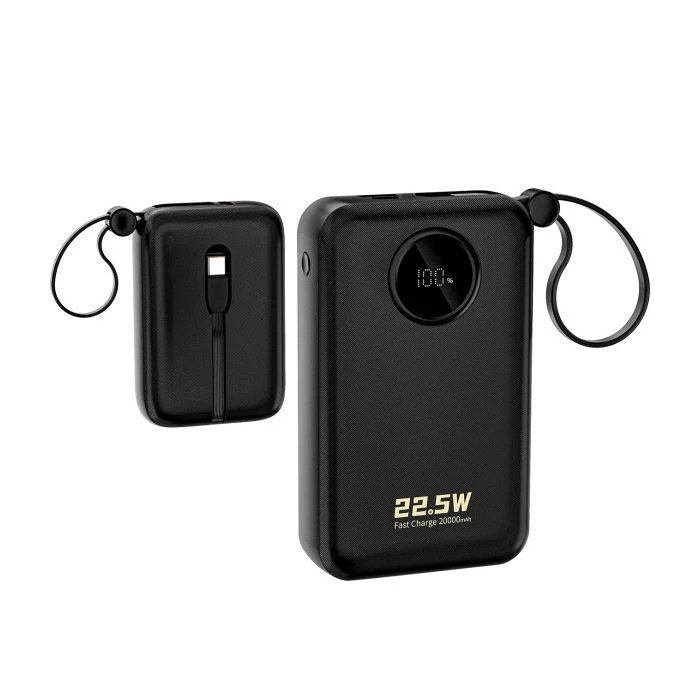 Dudao 20000mAh K14+ 22.5W, PD, QC, USB-A, USB-C(In/Out), with built-in USB-C/Lightning cables, Black (6977196680016) (UA)