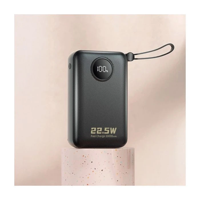 Dudao 20000mAh K14+ 22.5W, PD, QC, USB-A, USB-C(In/Out), with built-in USB-C/Lightning cables, Black (6977196680016) (UA)