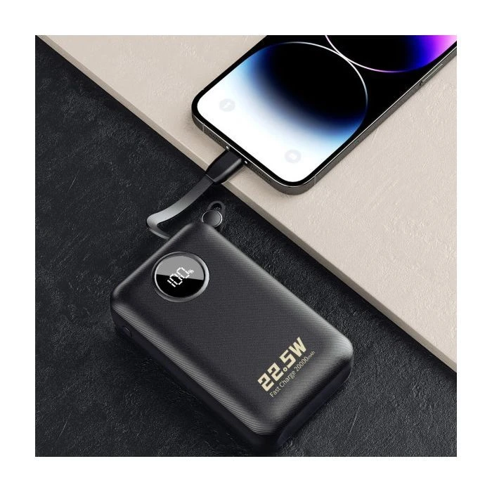 Dudao 20000mAh K14+ 22.5W, PD, QC, USB-A, USB-C(In/Out), with built-in USB-C/Lightning cables, Black (6977196680016) (UA)