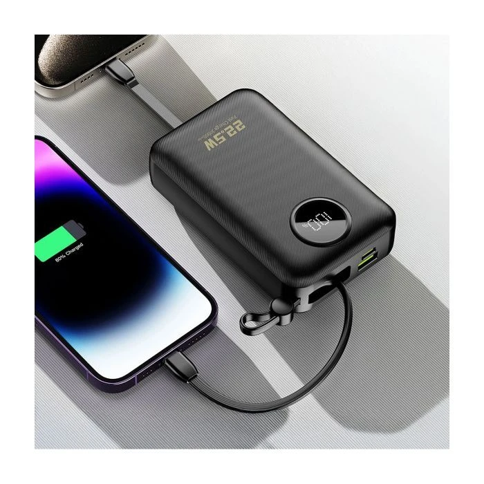 Dudao 20000mAh K14+ 22.5W, PD, QC, USB-A, USB-C(In/Out), with built-in USB-C/Lightning cables, Black (6977196680016) (UA)