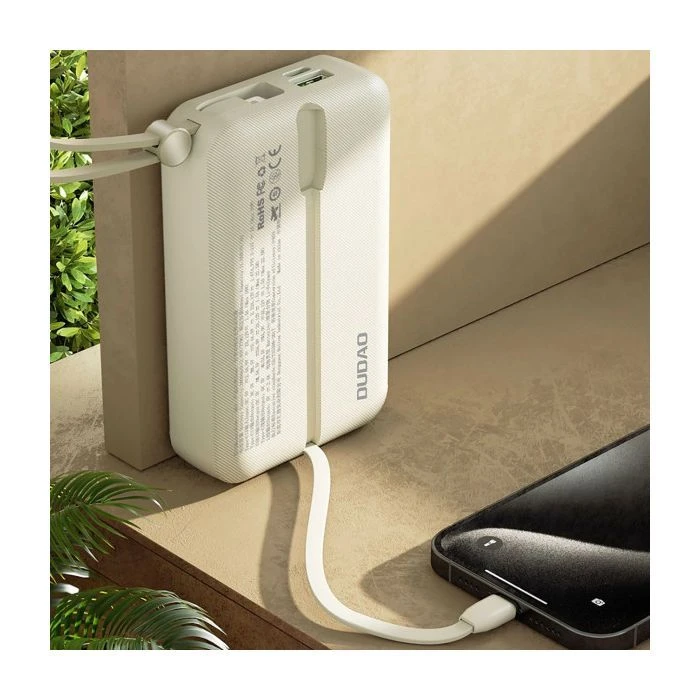 Dudao 20000mAh K14+ 22.5W, PD, QC, USB-A, USB-C(In/Out), with built-in USB-C/Lightning cables, White (6977196680023) (UA)