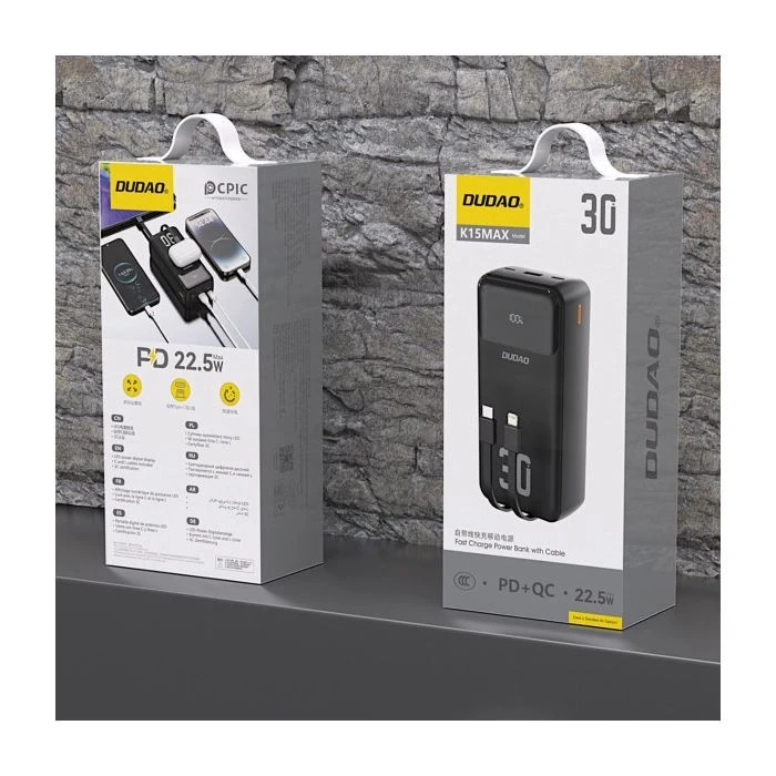 Dudao 30000mAh K15 MAX 22.5W, PD, QC, USB-A, Lightning, USB-C(In/Out), with USB-C/Lightning cables (6977196682478) (UA)