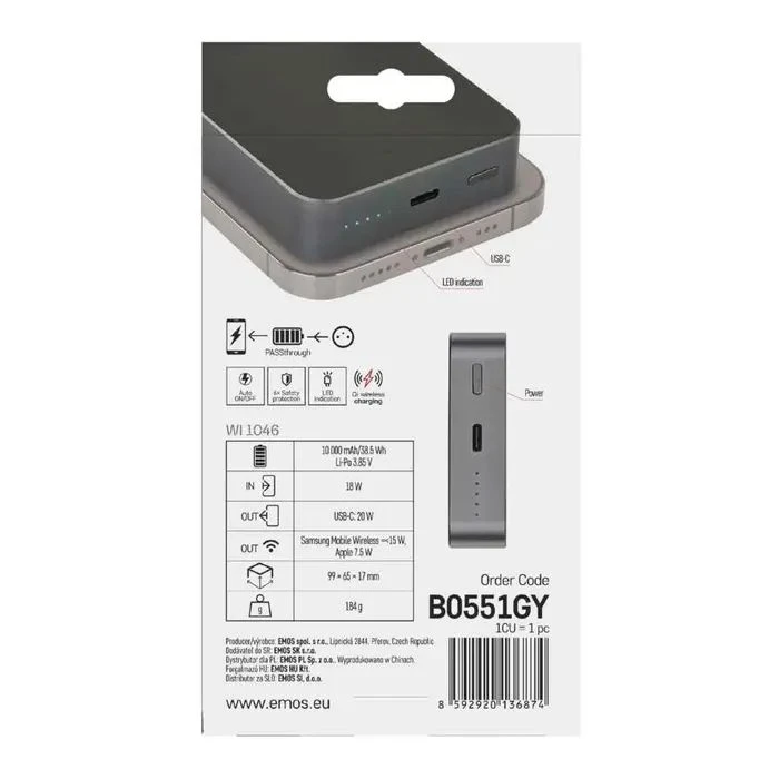 EMOS 10000mAh WI1046, 20W, Wireless, grey (B0551GY) (UA)
