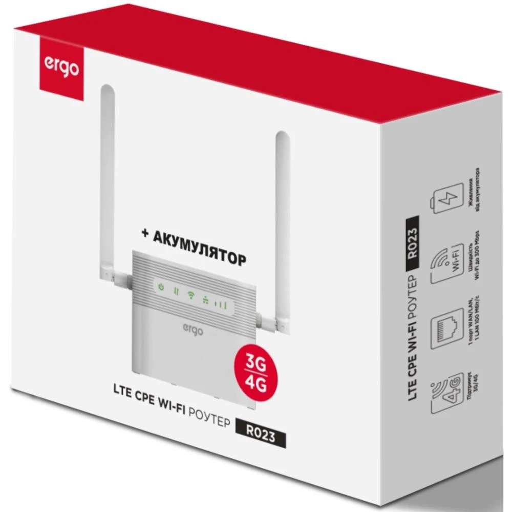 Безпроводний маршрутизатор ERGO R023 (w/battery) White (UA) Бренд: ERGO; Стандарт: 802.11n (Wi-Fi 4);