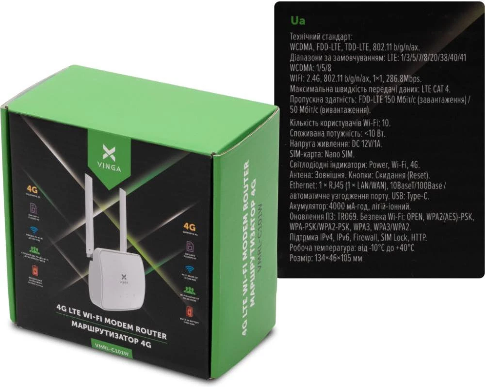 Беспроводной маршрутизатор Vinga IndHome 4G C101 (VMRL-C101W) (UA) Бренд: Vinga; Стандарт: 802.11ax (Wi-Fi 6);