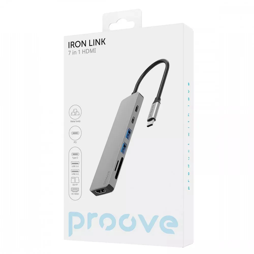 Type-C-Хаб Proove Iron Link 7 in 1 (2*Type-C + 2*USB3.0 + HDMI + SD/TF) (silver) (HBIL00222004)