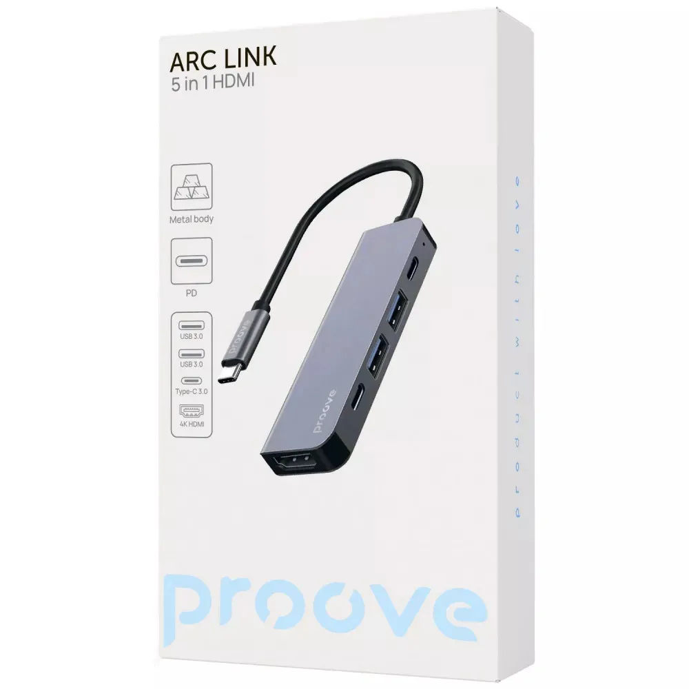 Type-C-Хаб Proove Arc Link 5 in 1 (2*Type-C + 2*USB3.0 + HDMI) (silver) (HBAL00010604) Бренд: Proove / Выходы: 2xType-C, 2xUSB, HDMI