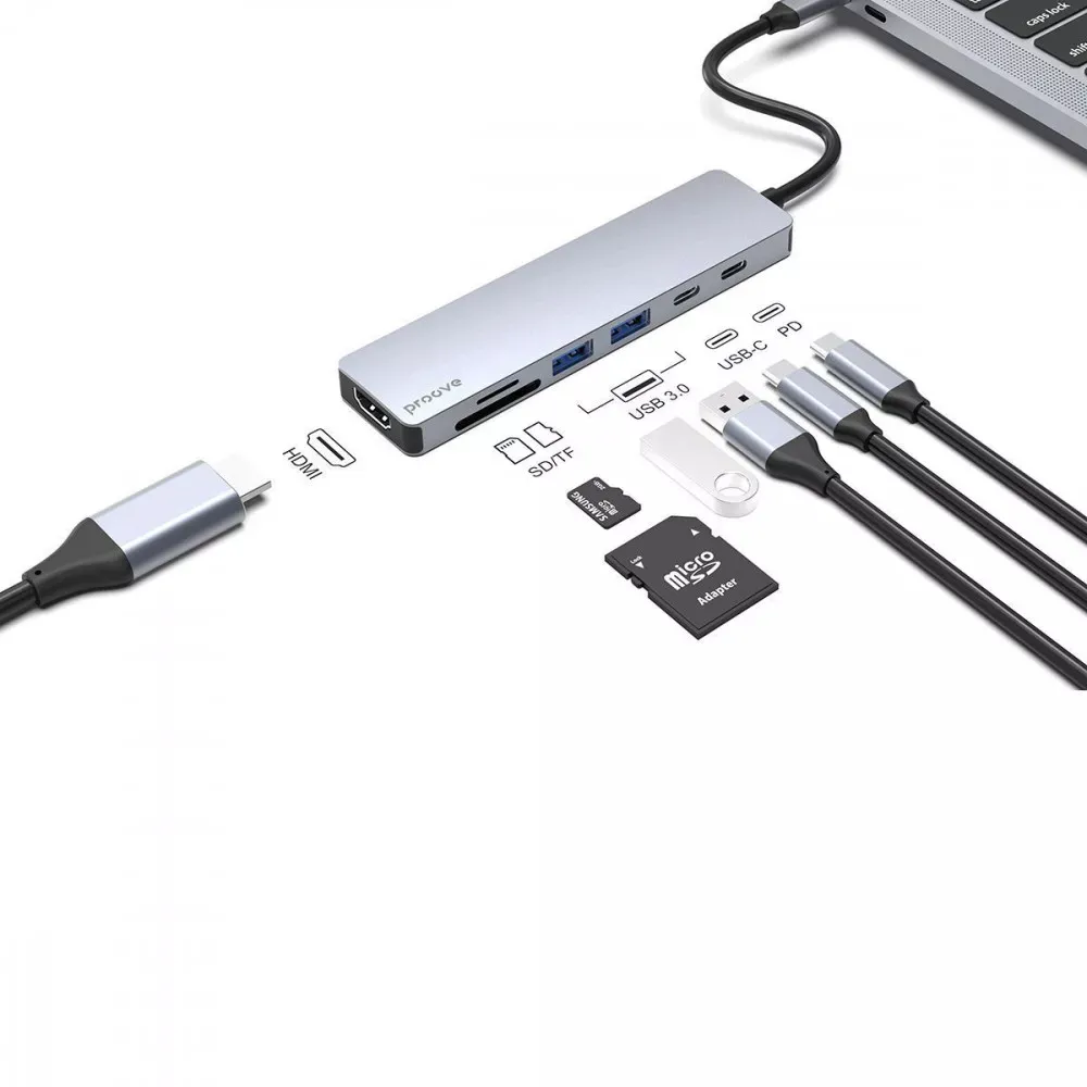 Type-C-Хаб Proove Iron Link 7 in 1 (2*Type-C + 2*USB3.0 + HDMI + SD/TF) (silver) (HBIL00222004)